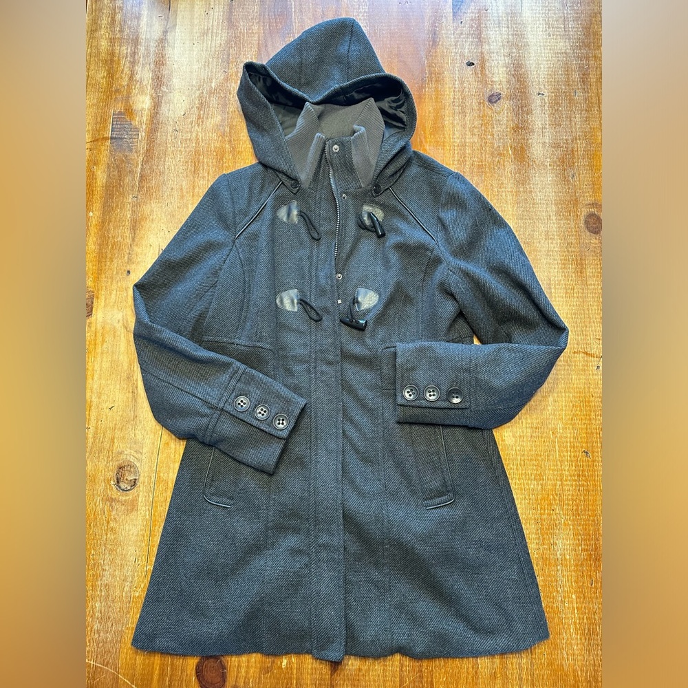 Dark grey long peacoat/trench.